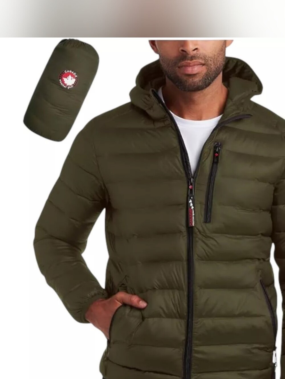 Packable Olive Hooded Puffer Jacket with Chest Zip Pocket
